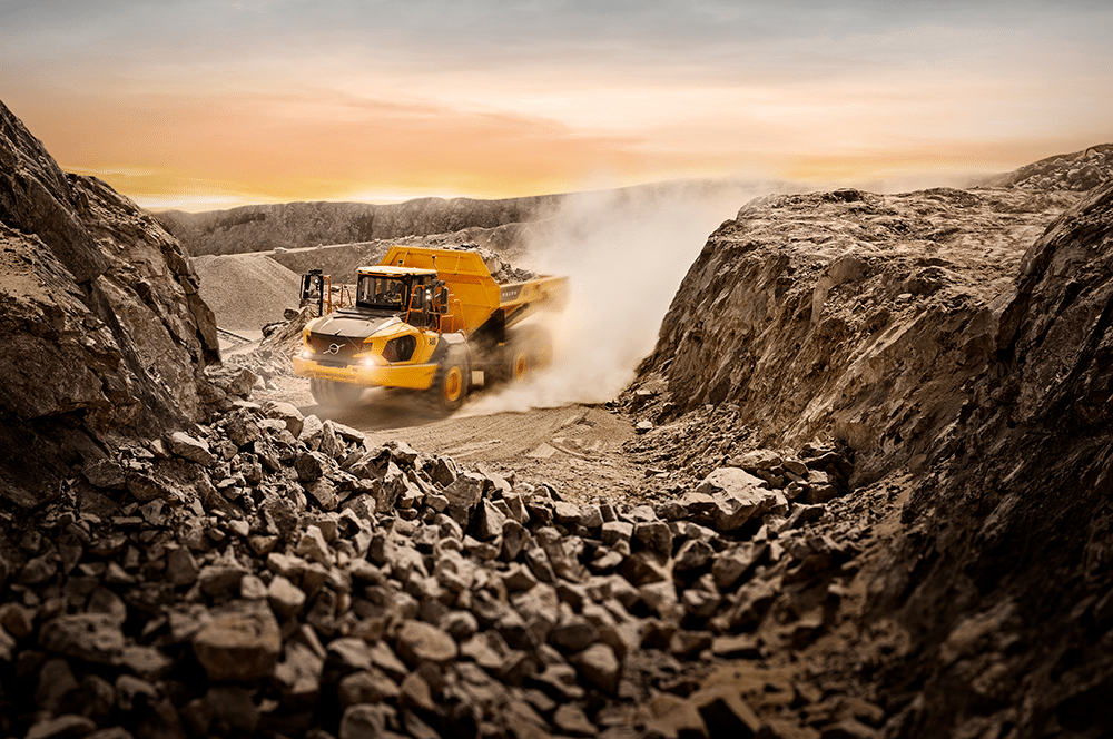 Volvo articulated hauler operating on rough terrain