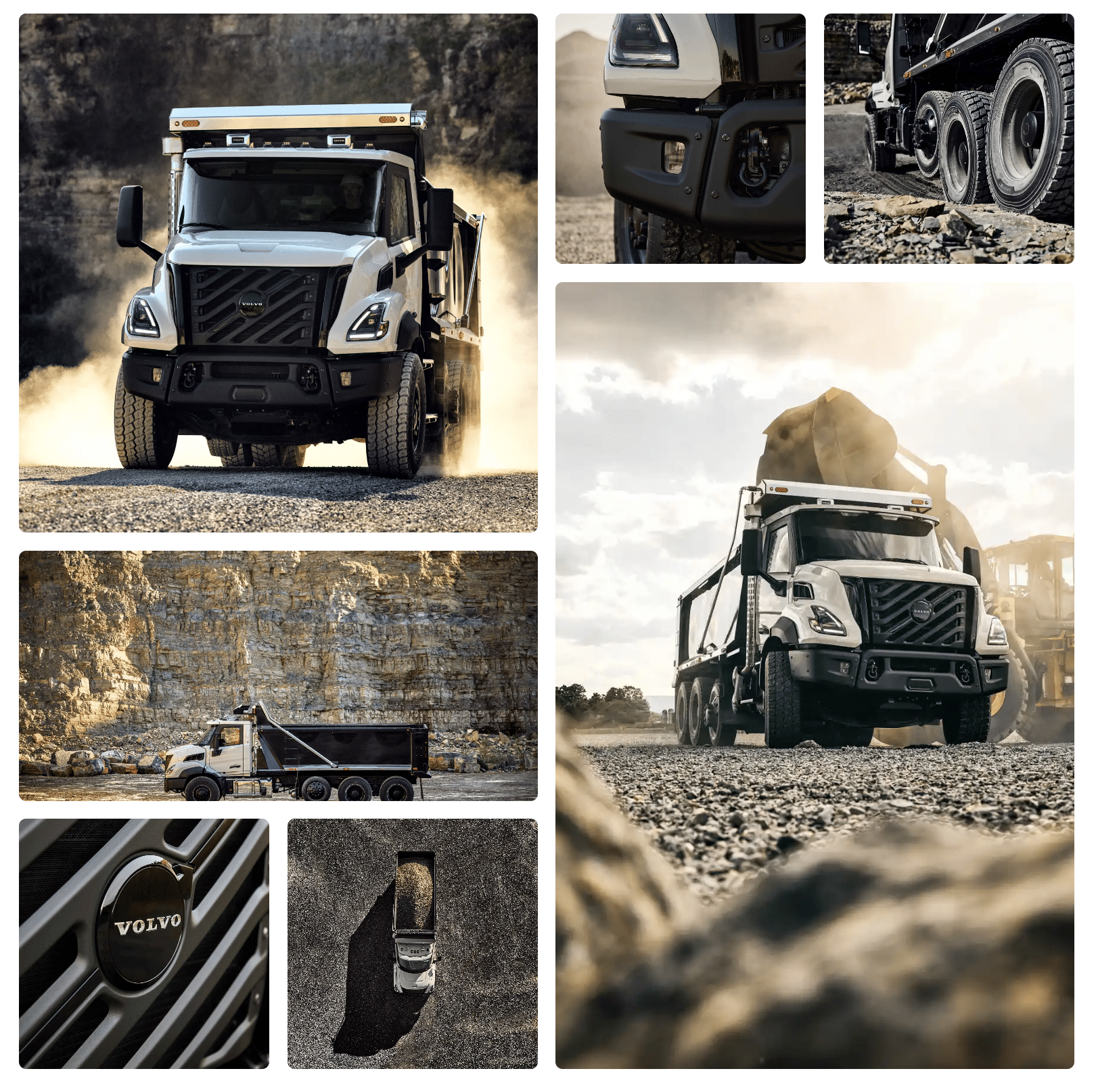 White VNX dump truck driving through a quarry beneath an aggregate plant