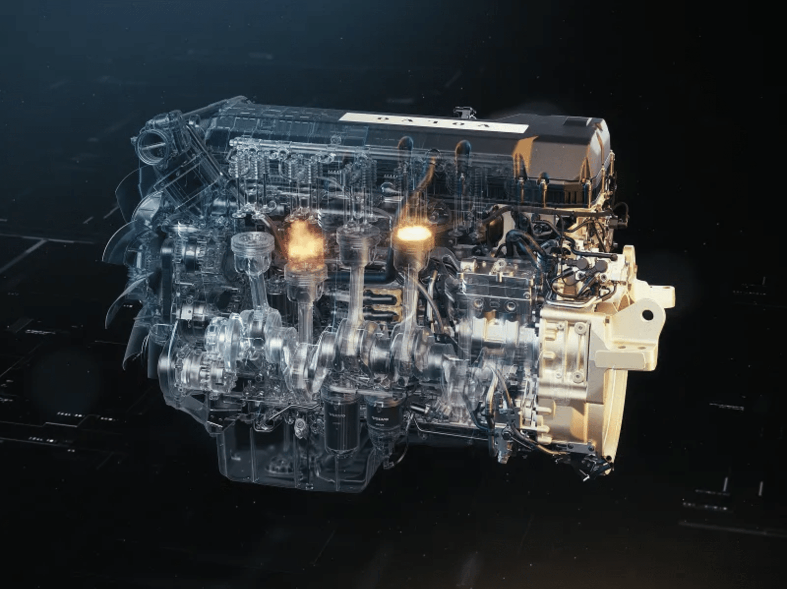 Cutaway render of the new Volvo D13 engine showing pistons and combustion